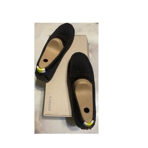 Rothy's Chocolate Spot and Yellow Loafers.